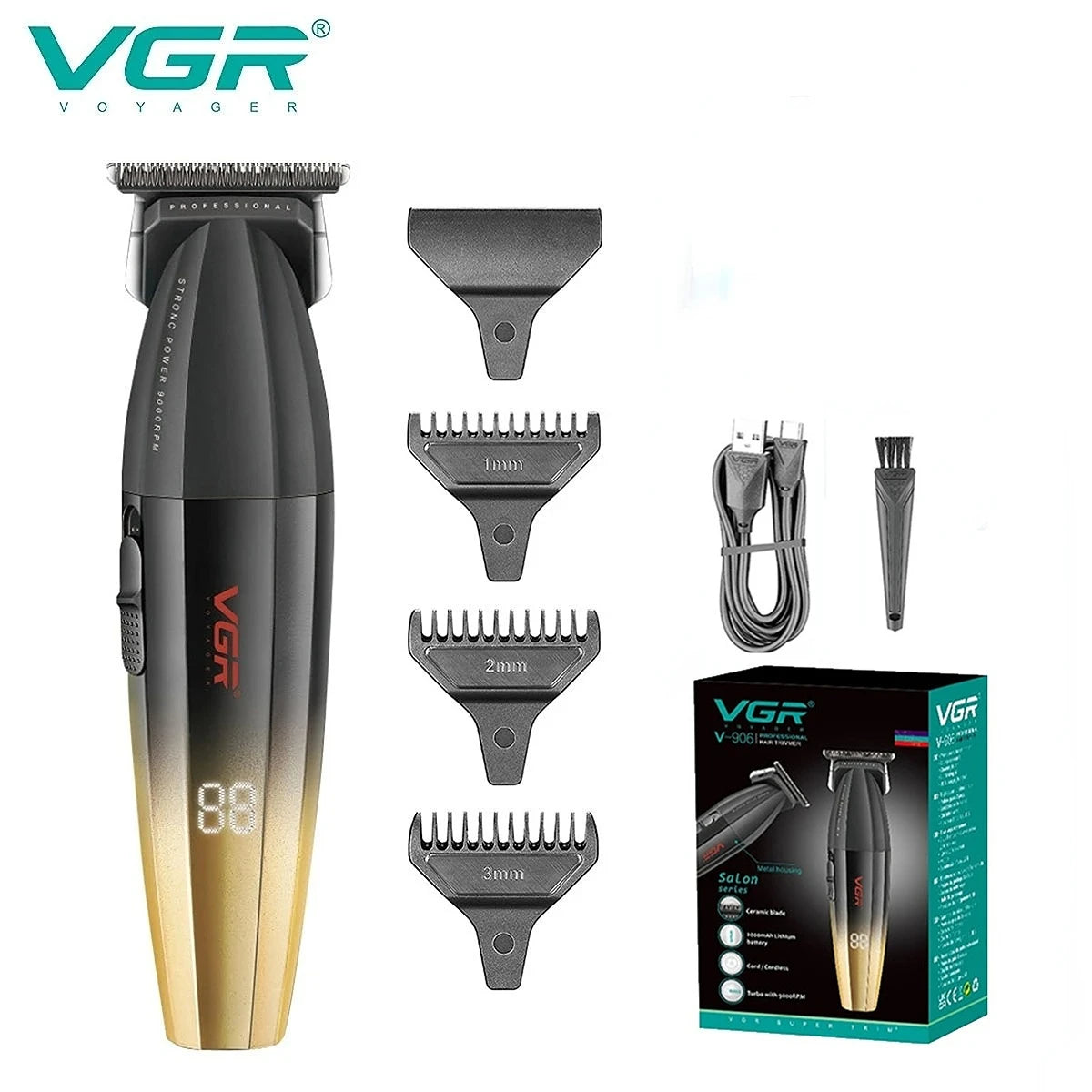 A set of VGR professional cordless hair trimmers and attachments displayed on a white background.