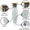 Diagram showing the components of a professional cordless hair clipper trimmer set, including cutter head, LED indicator, swi