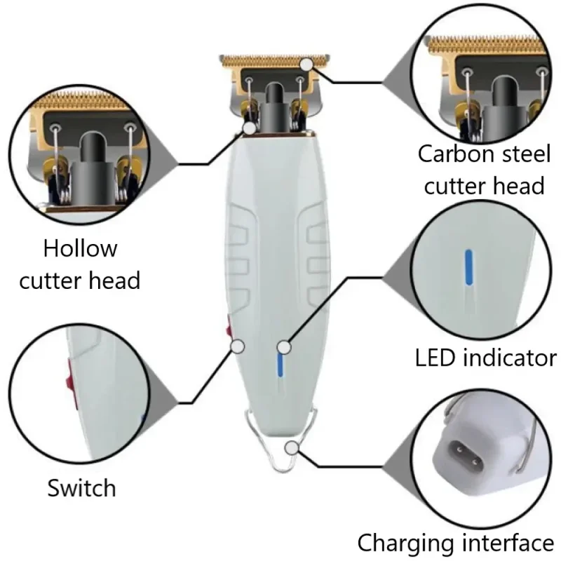 Diagram showing the components of a professional cordless hair clipper trimmer set, including cutter head, LED indicator, swi