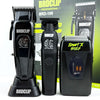 A set of three black BRDCLIP professional electric hair clippers displayed against a green background.
