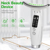 A white neck beauty device with a vibrating face and neck massager function, featuring multi-color lights.