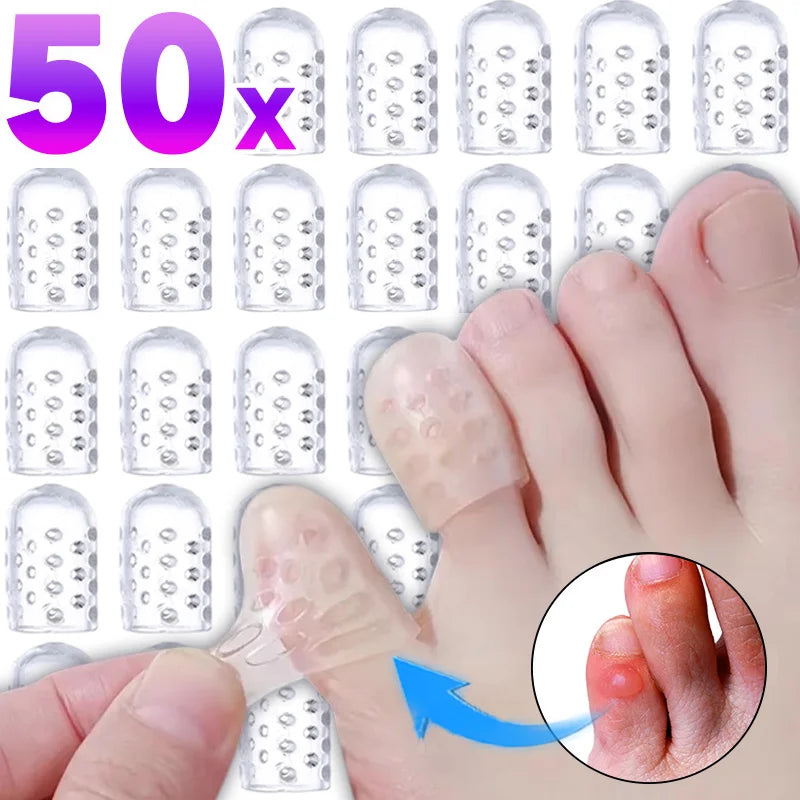 Silicone toe covers shown in various sizes and angles, demonstrating foot protection.