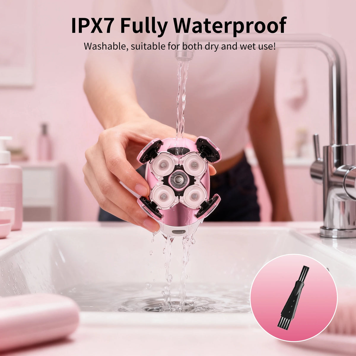 A pink electric shaver is shown being used under a faucet in a sink, demonstrating its IPX7 waterproof feature.