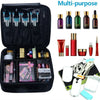 A multi-purpose portable makeup organizer bag with adjustable dividers and various cosmetic tools is shown.