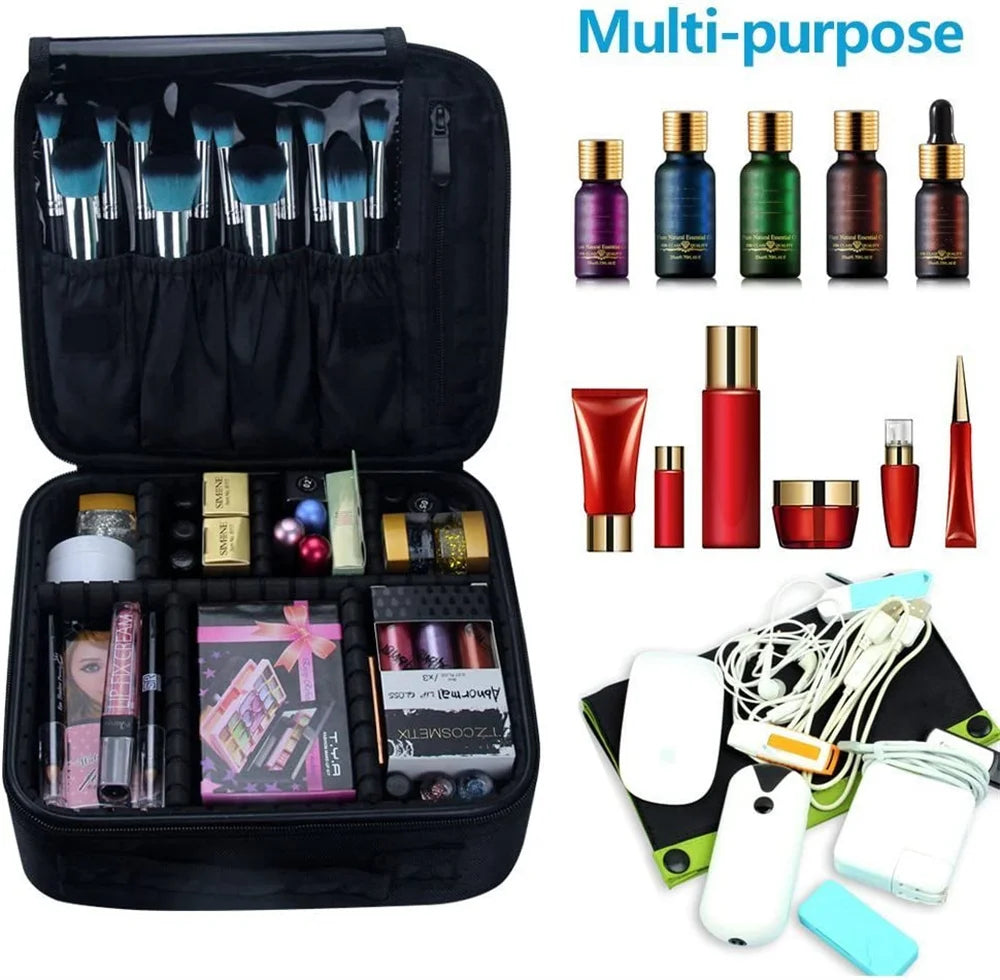 A multi-purpose portable makeup organizer bag with adjustable dividers and various cosmetic tools is shown.