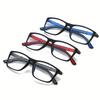 Un juego de gafas de lectura rectangulares vintage con monturas negras y lentes azules, rojas y grises.