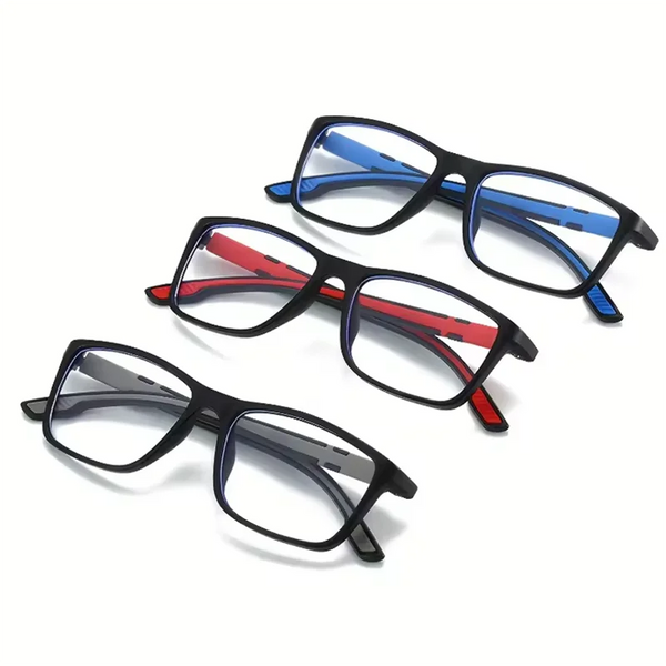 Un juego de gafas de lectura rectangulares vintage con monturas negras y lentes azules, rojas y grises.