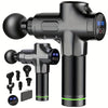 A black deep tissue massage gun with various attachments and a power button display.