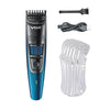 A professional electric beard and hair trimmer in blue with attachments and a cord.