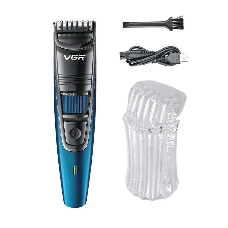 A professional electric beard and hair trimmer in blue with attachments and a cord.