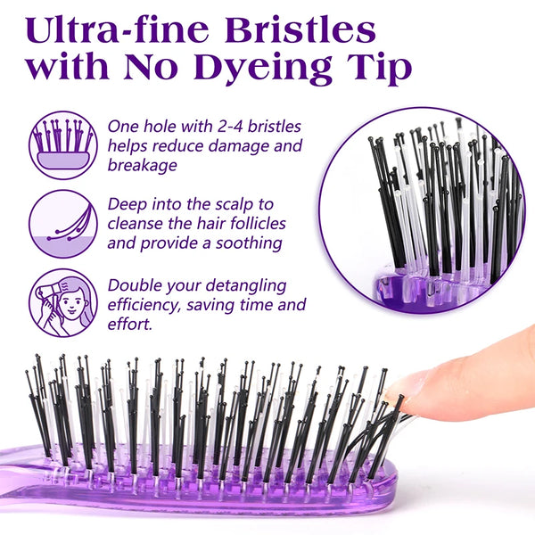 A close-up of a purple scalp massage comb with ultra-fine bristles is shown, demonstrating its use for hair detangling.
