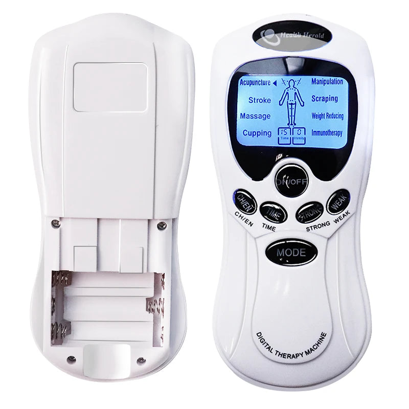 A white digital therapy machine for muscle stimulation and deep relaxation with various modes displayed on the control panel.
