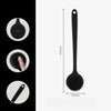 Black silicone back scrubber brush with a long handle shown in various views and dimensions.