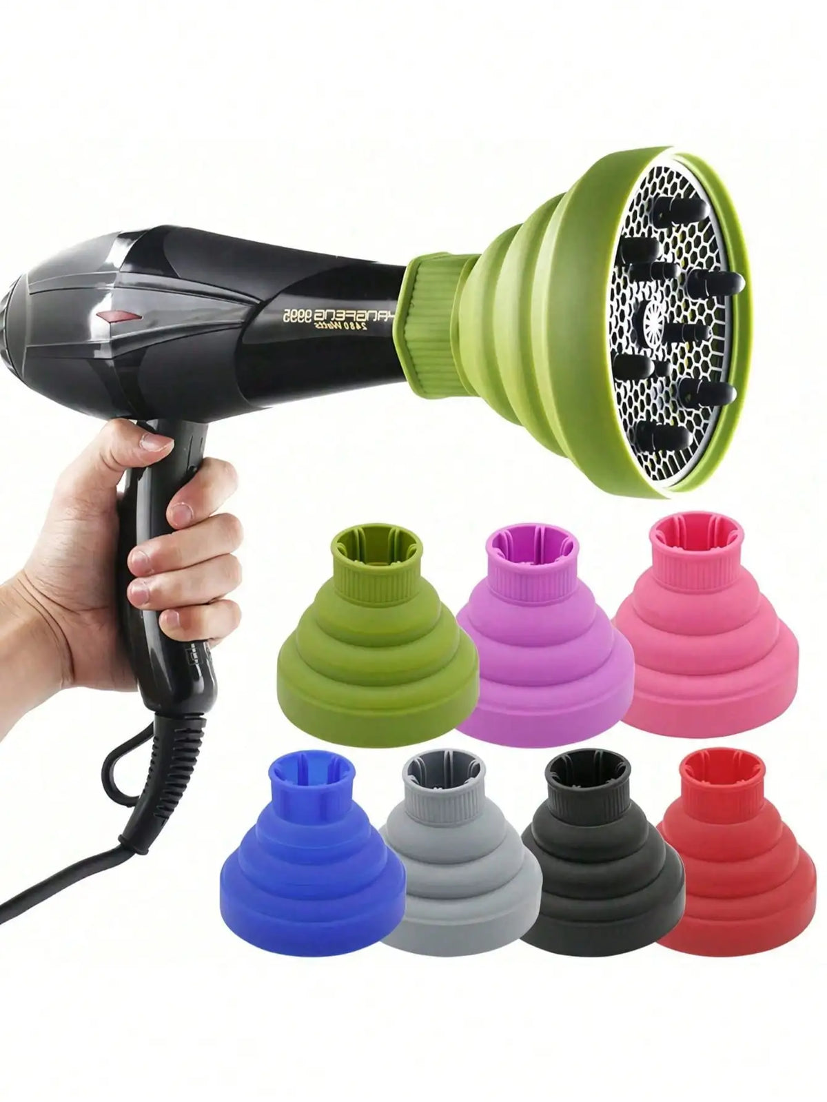 A hand holds a black hair dryer with a silicone diffuser cover in various colors, including green, purple, pink, and red.