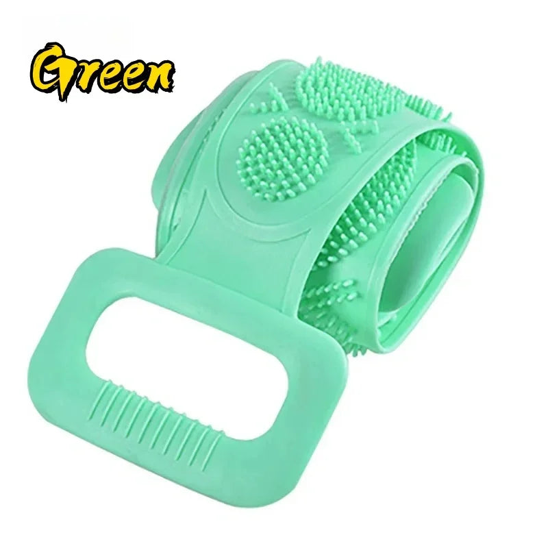 A bright green silicone body scrubber and massager with a handle, shown from the side.