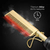 A titanium alloy hair straightener with red bristles is shown in a diagonal angle against a dark background.