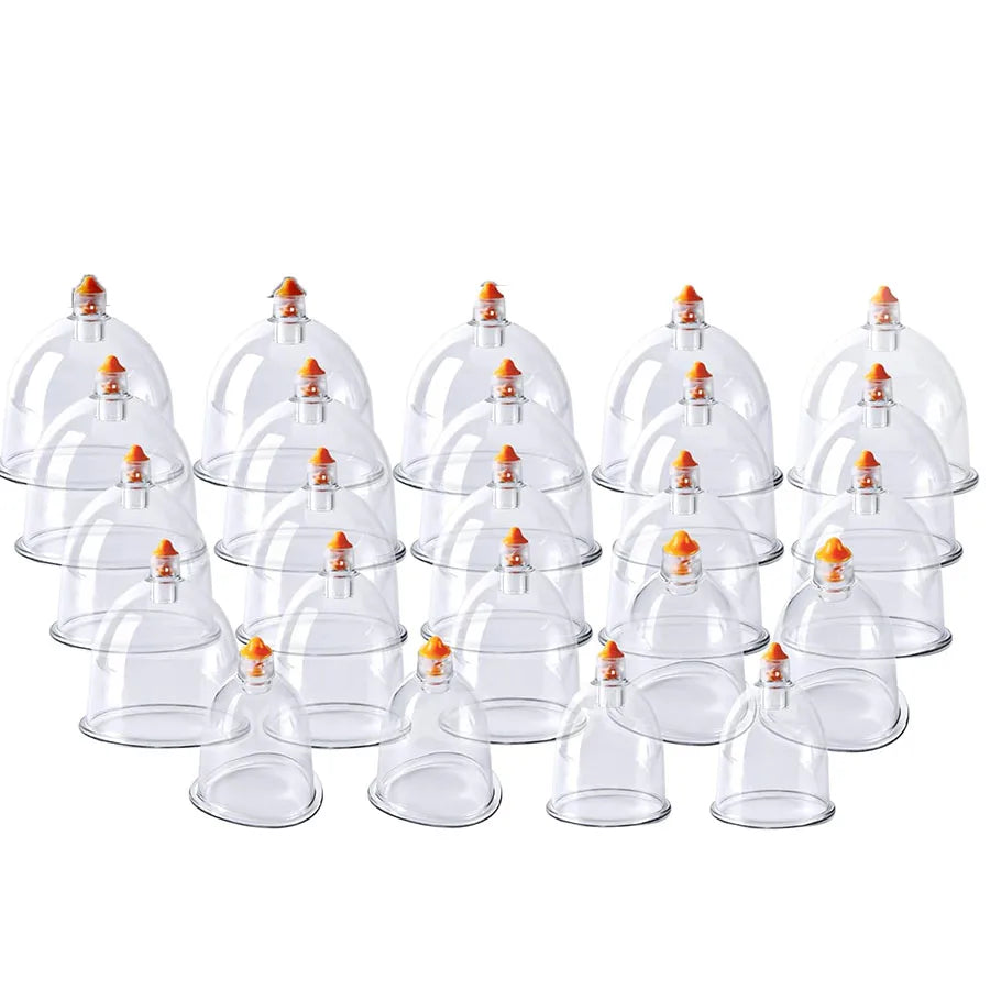 Un juego de 18 vasos de vidrio transparente para cupping de relajación con aplicadores metálicos.