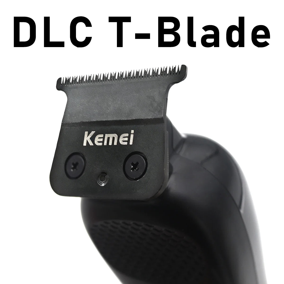 Close-up of a black DLC T-Blade attachment for a professional cordless hair trimmer.