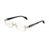 A pair of clear retro frameless reading glasses with black arms and gold detailing.