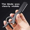 A hand holds a black straight edge barber razor, showing the clearly visible blade.