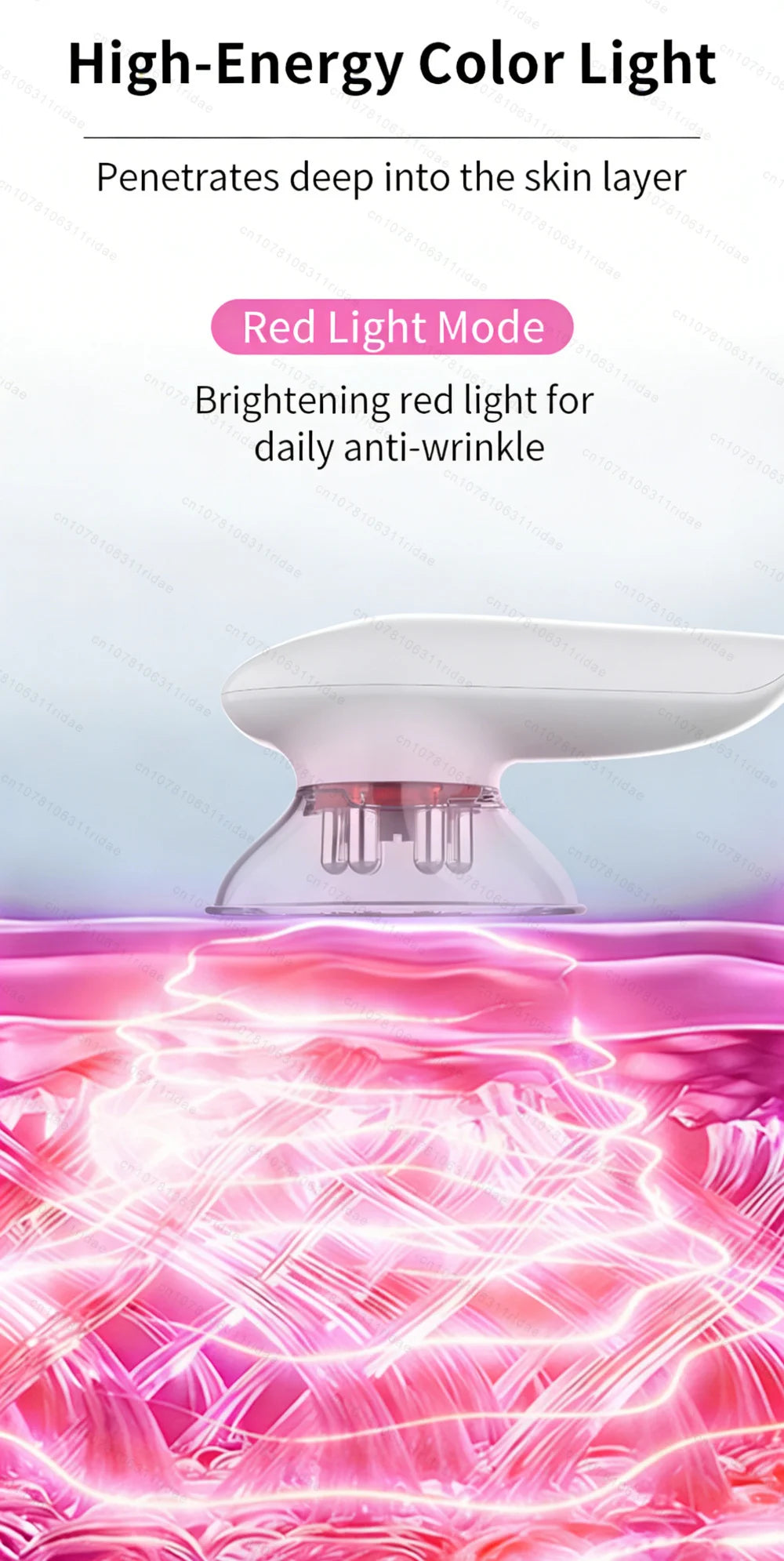 A device emitting red light penetrates the skin layer, shown above a magnified view of pink tissue.