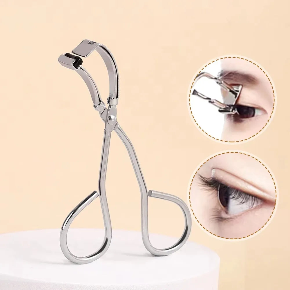 A stainless steel eyelash curler tool shown with close-up views of its function on an eye.