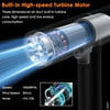 Close-up of a built-in high-speed turbine motor in an infrared blow dryer, showing a blue jet of air.