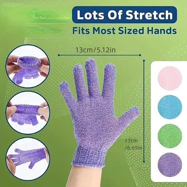 Purple stretch exfoliating bath gloves designed to fit most sized hands.