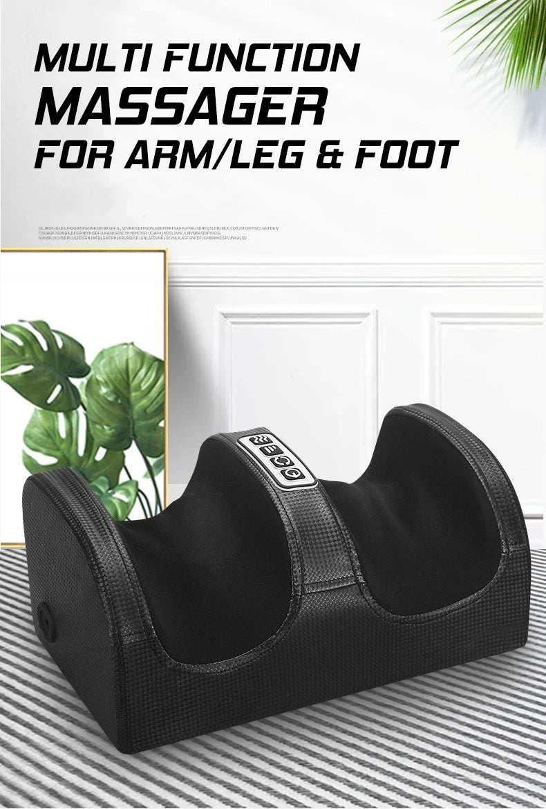 Black multi function massager for arm, leg, and foot resting on a striped surface.