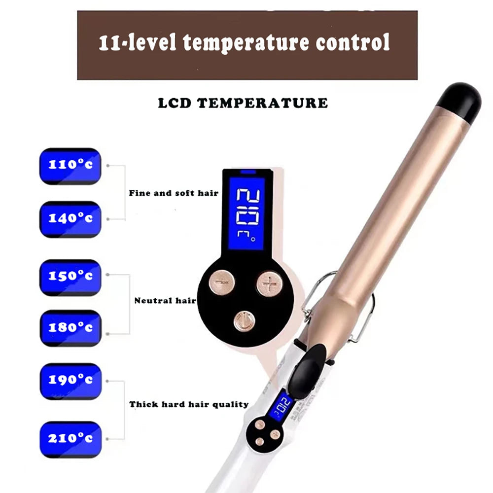 Professionelles Keramik-Haarstylinggerät mit 11stufiger Temperaturregelung auf LCD-Display.