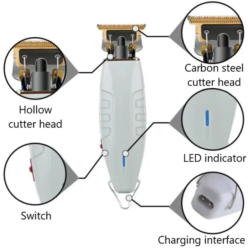 Diagram showing the components of a professional cordless hair clipper trimmer set, including cutter head, LED indicator, swi