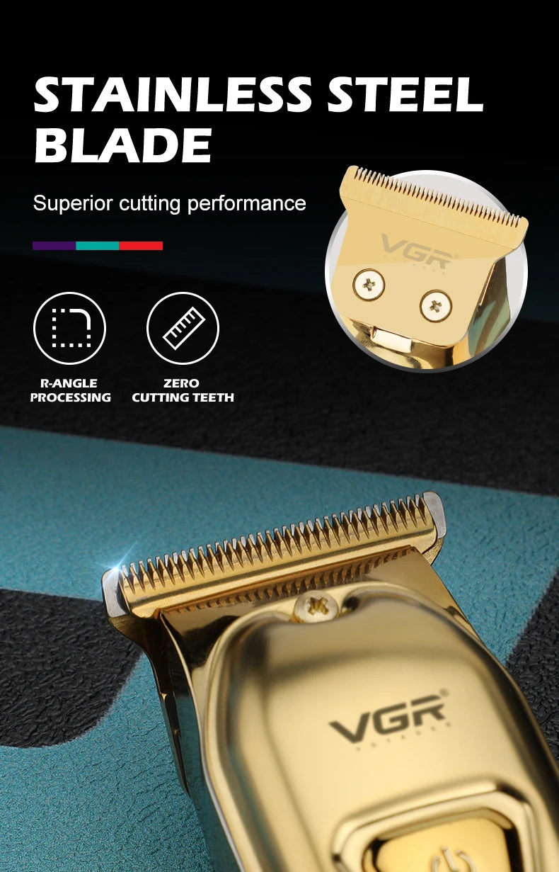 Close-up of a VGR stainless steel blade for a professional cordless electric hair clipper with R-angle processing and zero cu