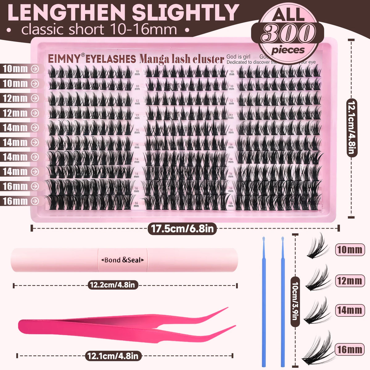 Pink packaging for EIMNY eyelashes, showing various lengths from 10mm to 16mm lash clusters.