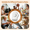 A white electric hand massager is shown in various contexts being used by different people like an athlete, artist, teacher, 