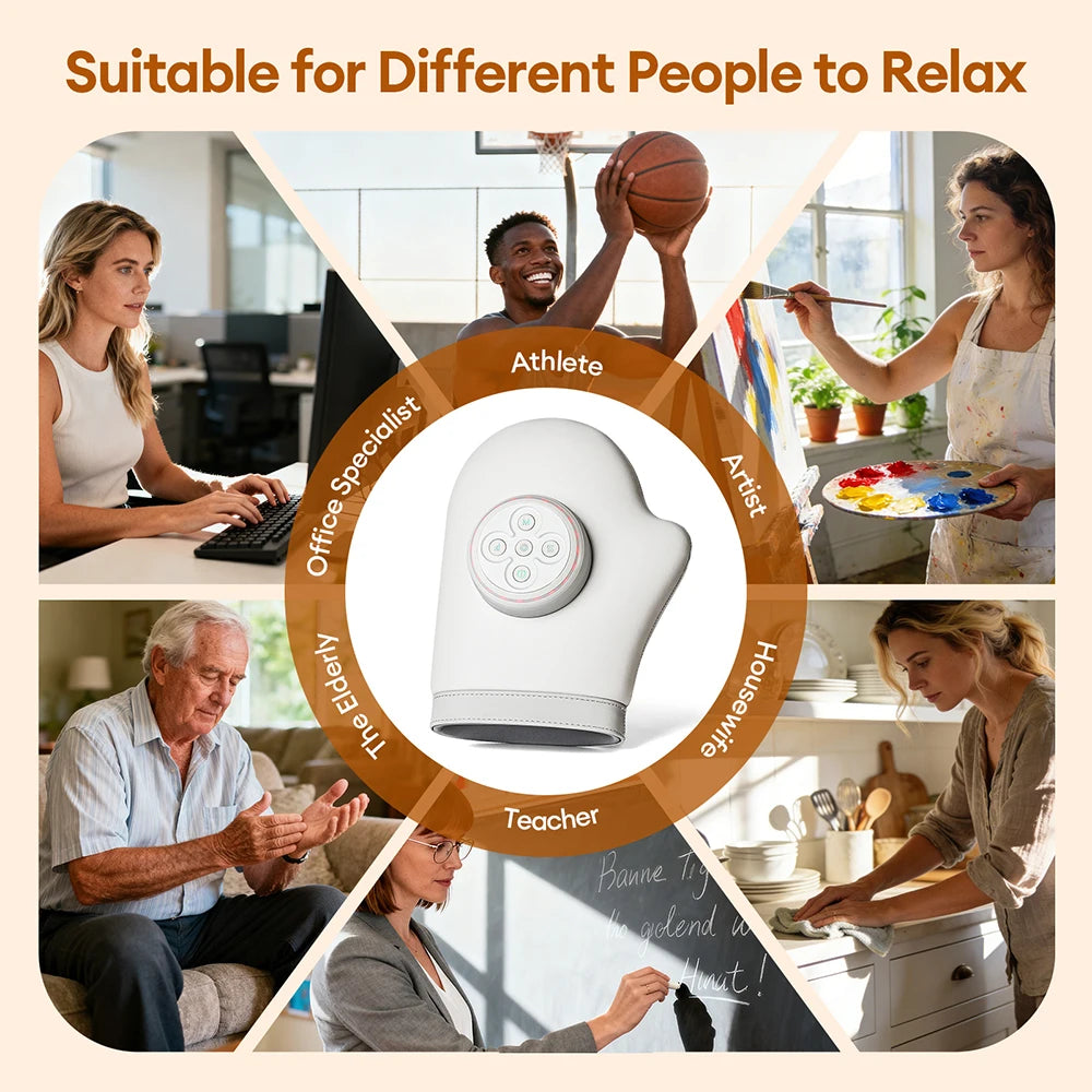 A white electric hand massager is shown in various contexts being used by different people like an athlete, artist, teacher, 
