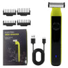A yellow electric men's shaver with multiple guard attachments and charging cable shown next to the product box.