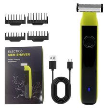 Rasoir électrique jaune pour homme avec plusieurs accessoires de protection et câble de charge, à côté de la boîte.