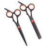 A pair of professional stainless steel hairdressing scissors with black handles and orange accents.