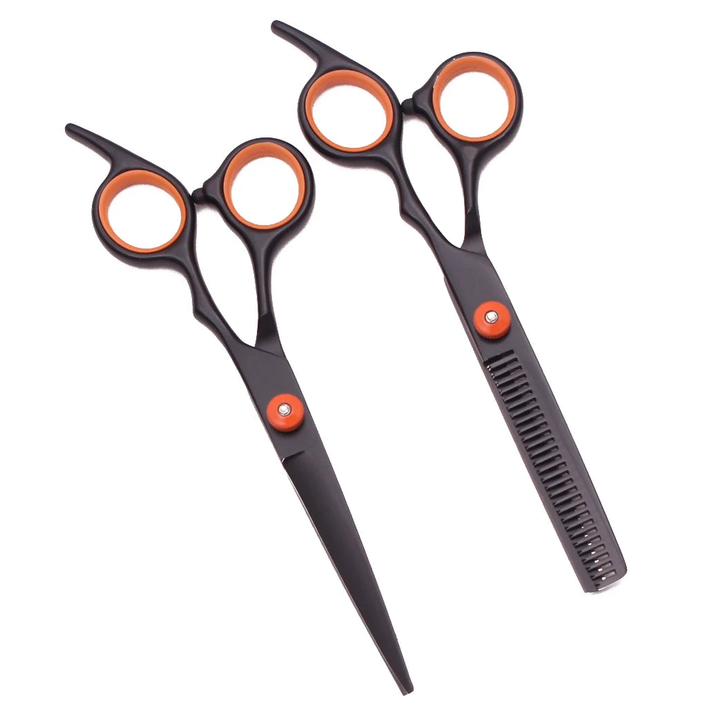 A pair of professional stainless steel hairdressing scissors with black handles and orange accents.