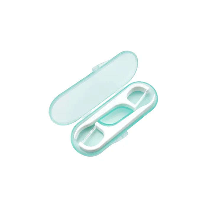 A light blue portable teeth flosser cleaning stick set with an open lid.
