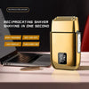 A gold reciprocating shaver is shown next to a laptop, highlighting its features like body washing and LED display.