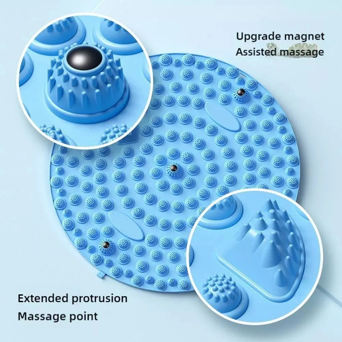 Blue magnetic foot massage mat showing various massage points and features like upgraded massage and extended protrusion.