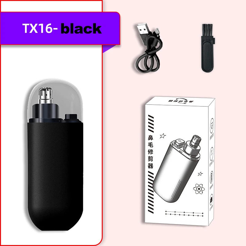 A black precision nose hair trimmer is shown in various forms, including a handheld device and its packaging box.