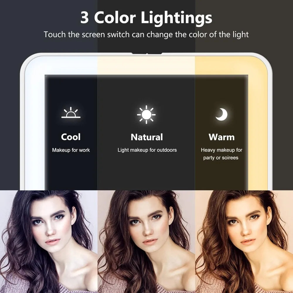 A tablet display shows three light settings Cool Natural and Warm with corresponding makeup usage suggestions.