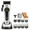 A professional cordless hair clipper trimmer with various attachments shown next to its packaging box.