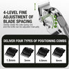 Close-up of an electric hair clipper showing a blade spacing adjustment mechanism and four different positioning combs.