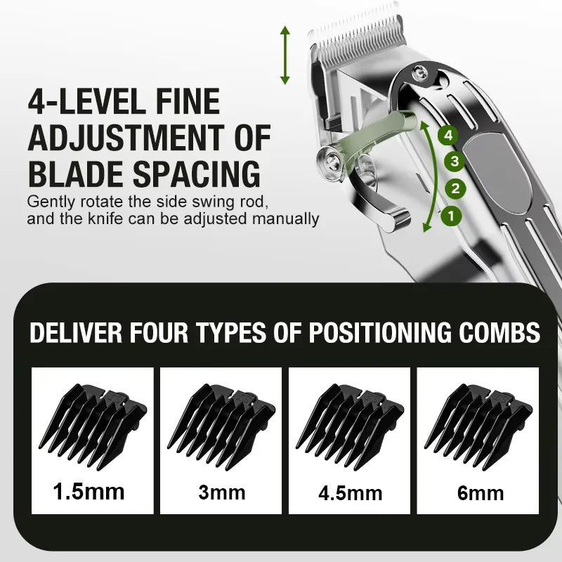 Close-up of an electric hair clipper showing a blade spacing adjustment mechanism and four different positioning combs.