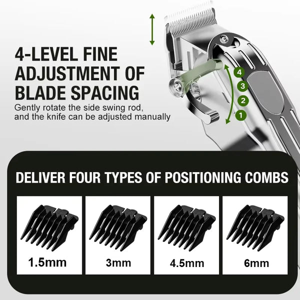 Close-up of an electric hair clipper showing a blade spacing adjustment mechanism and four different positioning combs.