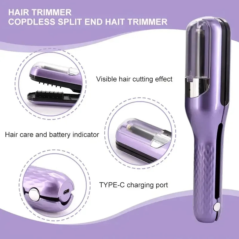 A purple cordless split end hair trimmer with a visible cutting effect and Type-C charging port.