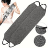 Black exfoliating body scrubbers shown with a woman using one on her skin and several product views.